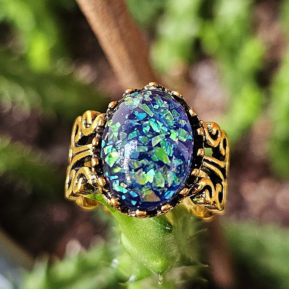Blue Green Glitter Opal Gold Gothic Ring Size 7.5